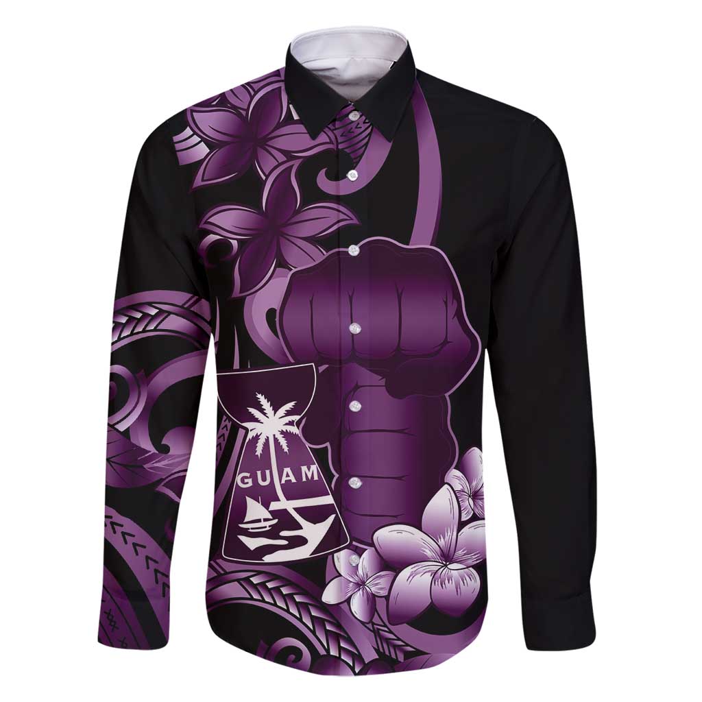 Purple Hafa Adai Guam Family Matching Summer Maxi Dress and Hawaiian Shirt Chamorro Latte Stone Hand With Plumeria LT14 Dad's Shirt - Long Sleeve Purple - Polynesian Pride