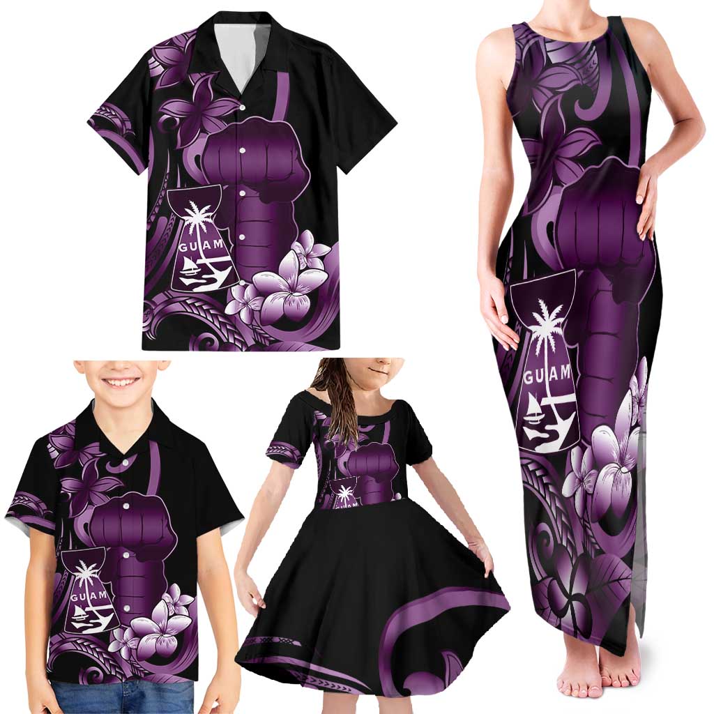 Purple Hafa Adai Guam Family Matching Tank Maxi Dress and Hawaiian Shirt Chamorro Latte Stone Hand With Plumeria LT14 - Polynesian Pride