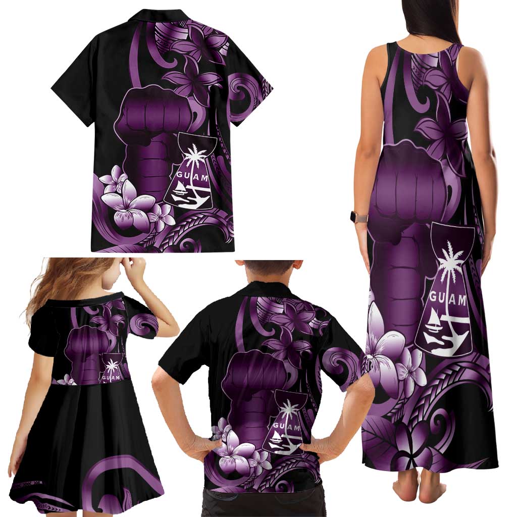 Purple Hafa Adai Guam Family Matching Tank Maxi Dress and Hawaiian Shirt Chamorro Latte Stone Hand With Plumeria LT14 - Polynesian Pride