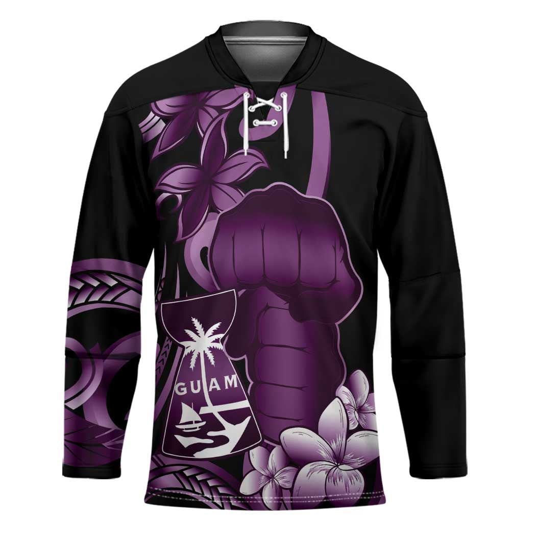 Purple Hafa Adai Guam Hockey Jersey Chamorro Latte Stone Hand With Plumeria - Polynesian Pride