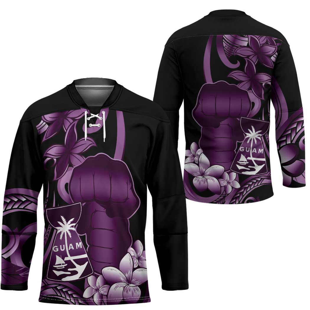 Purple Hafa Adai Guam Hockey Jersey Chamorro Latte Stone Hand With Plumeria - Polynesian Pride