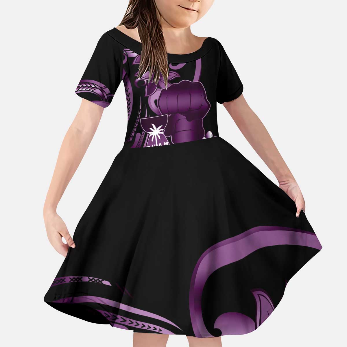 Purple Hafa Adai Guam Kid Short Sleeve Dress Chamorro Latte Stone Hand With Plumeria