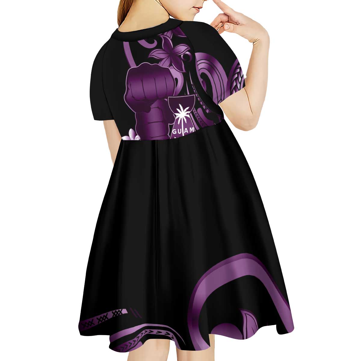 Purple Hafa Adai Guam Kid Short Sleeve Dress Chamorro Latte Stone Hand With Plumeria