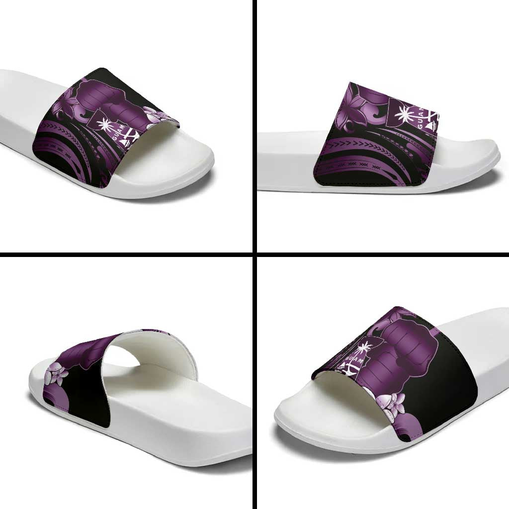 Purple Hafa Adai Guam Slide Sandals Chamorro Latte Stone Hand With Plumeria - Polynesian Pride