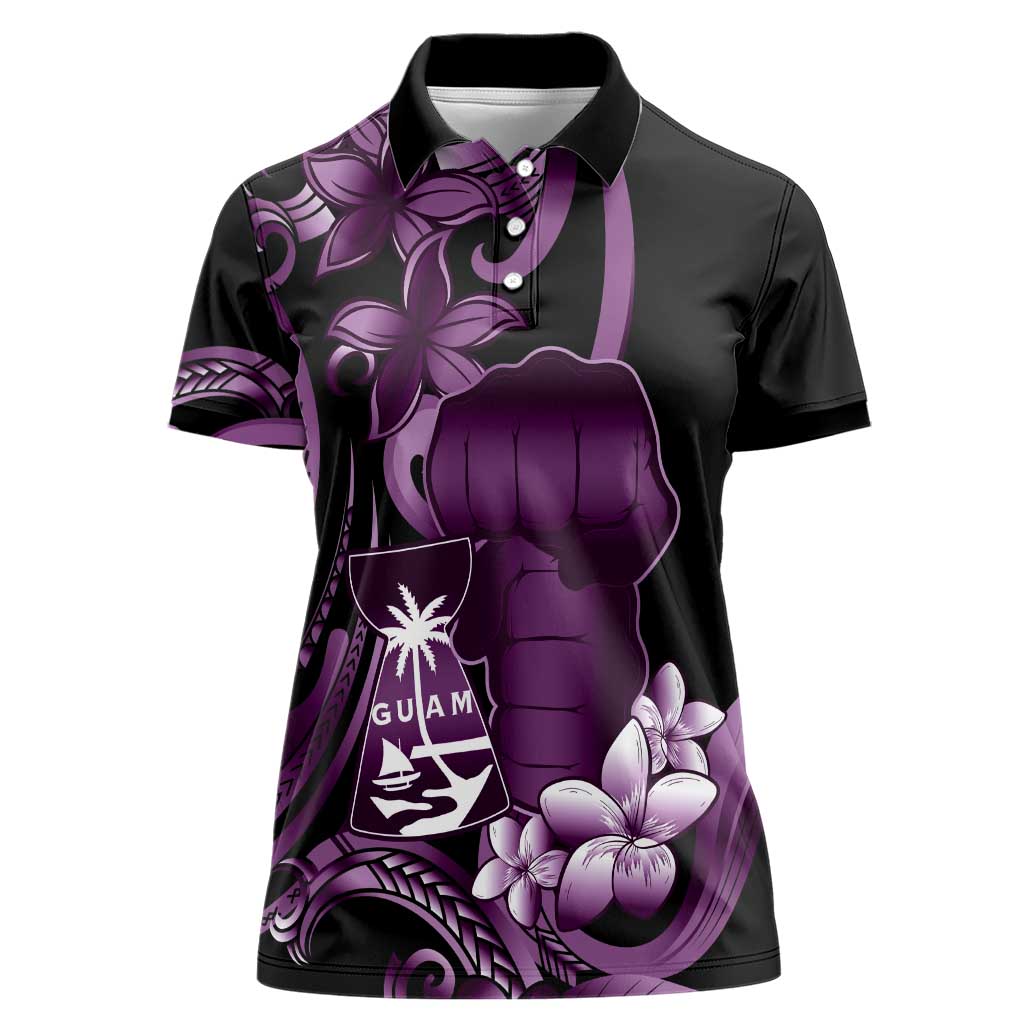 Purple Hafa Adai Guam Women Polo Shirt Chamorro Latte Stone Hand With Plumeria LT14 Female Purple - Polynesian Pride