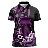 Purple Hafa Adai Guam Women Polo Shirt Chamorro Latte Stone Hand With Plumeria LT14 Female Purple - Polynesian Pride