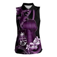 Purple Hafa Adai Guam Women Sleeveless Polo Shirt Chamorro Latte Stone Hand With Plumeria LT14 Female Purple - Polynesian Pride