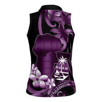 Purple Hafa Adai Guam Women Sleeveless Polo Shirt Chamorro Latte Stone Hand With Plumeria LT14 - Polynesian Pride