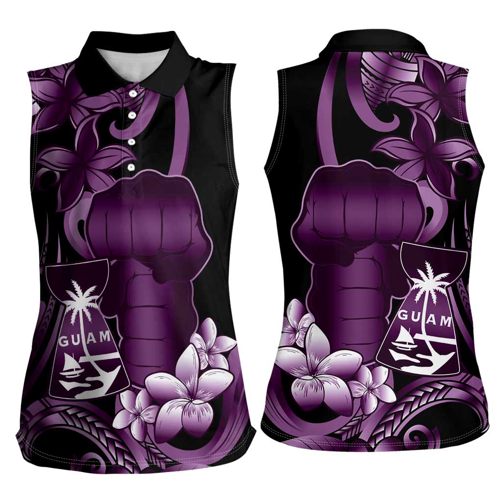 Purple Hafa Adai Guam Women Sleeveless Polo Shirt Chamorro Latte Stone Hand With Plumeria LT14 - Polynesian Pride