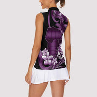Purple Hafa Adai Guam Women Sleeveless Polo Shirt Chamorro Latte Stone Hand With Plumeria LT14 - Polynesian Pride