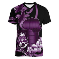 Purple Hafa Adai Guam Women V-Neck T-Shirt Chamorro Latte Stone Hand With Plumeria LT14 Female Purple - Polynesian Pride