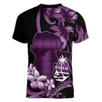 Purple Hafa Adai Guam Women V-Neck T-Shirt Chamorro Latte Stone Hand With Plumeria LT14 - Polynesian Pride