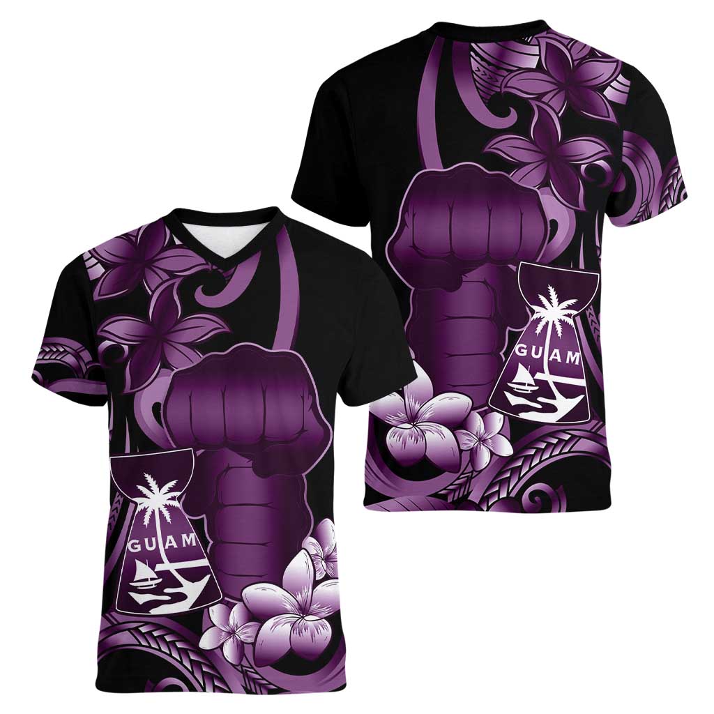 Purple Hafa Adai Guam Women V-Neck T-Shirt Chamorro Latte Stone Hand With Plumeria LT14 - Polynesian Pride