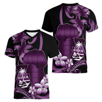 Purple Hafa Adai Guam Women V-Neck T-Shirt Chamorro Latte Stone Hand With Plumeria LT14 - Polynesian Pride