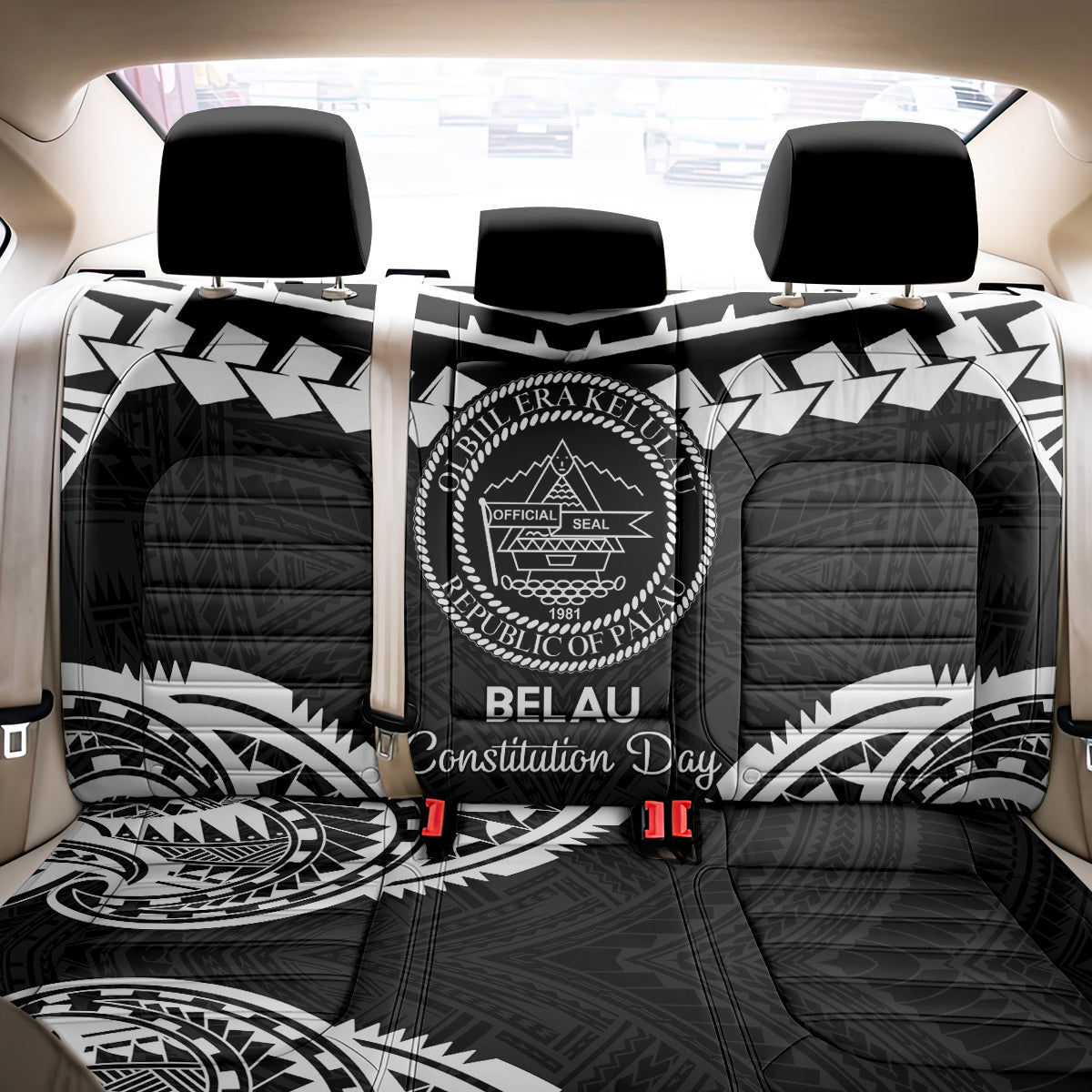 Palau Constitution Day Back Car Seat Cover Belau Seal With Polynesian Pattern - Black LT14 - Polynesian Pride