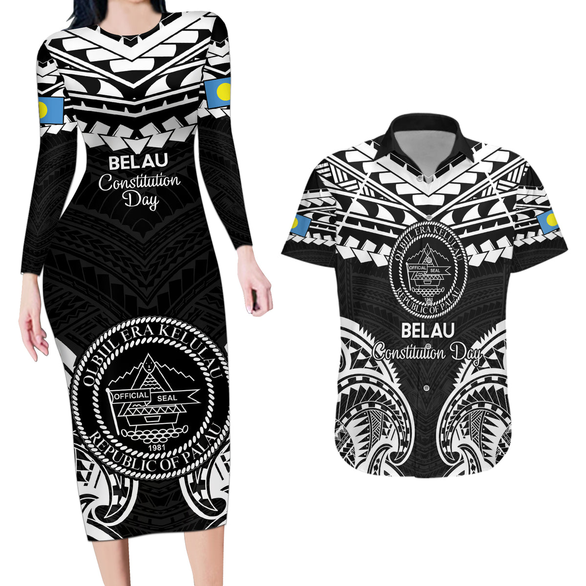 Palau Constitution Day Couples Matching Long Sleeve Bodycon Dress and Hawaiian Shirt Belau Seal With Polynesian Pattern - Black LT14 Black - Polynesian Pride
