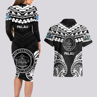 Palau Constitution Day Couples Matching Long Sleeve Bodycon Dress and Hawaiian Shirt Belau Seal With Polynesian Pattern - Black LT14 - Polynesian Pride