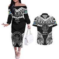 Palau Constitution Day Couples Matching Off The Shoulder Long Sleeve Dress and Hawaiian Shirt Belau Seal With Polynesian Pattern - Black LT14 Black - Polynesian Pride