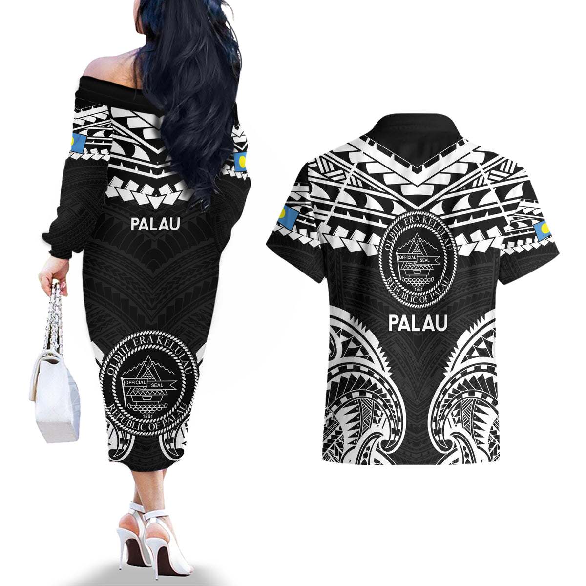 Palau Constitution Day Couples Matching Off The Shoulder Long Sleeve Dress and Hawaiian Shirt Belau Seal With Polynesian Pattern - Black LT14 - Polynesian Pride