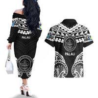 Palau Constitution Day Couples Matching Off The Shoulder Long Sleeve Dress and Hawaiian Shirt Belau Seal With Polynesian Pattern - Black LT14 - Polynesian Pride