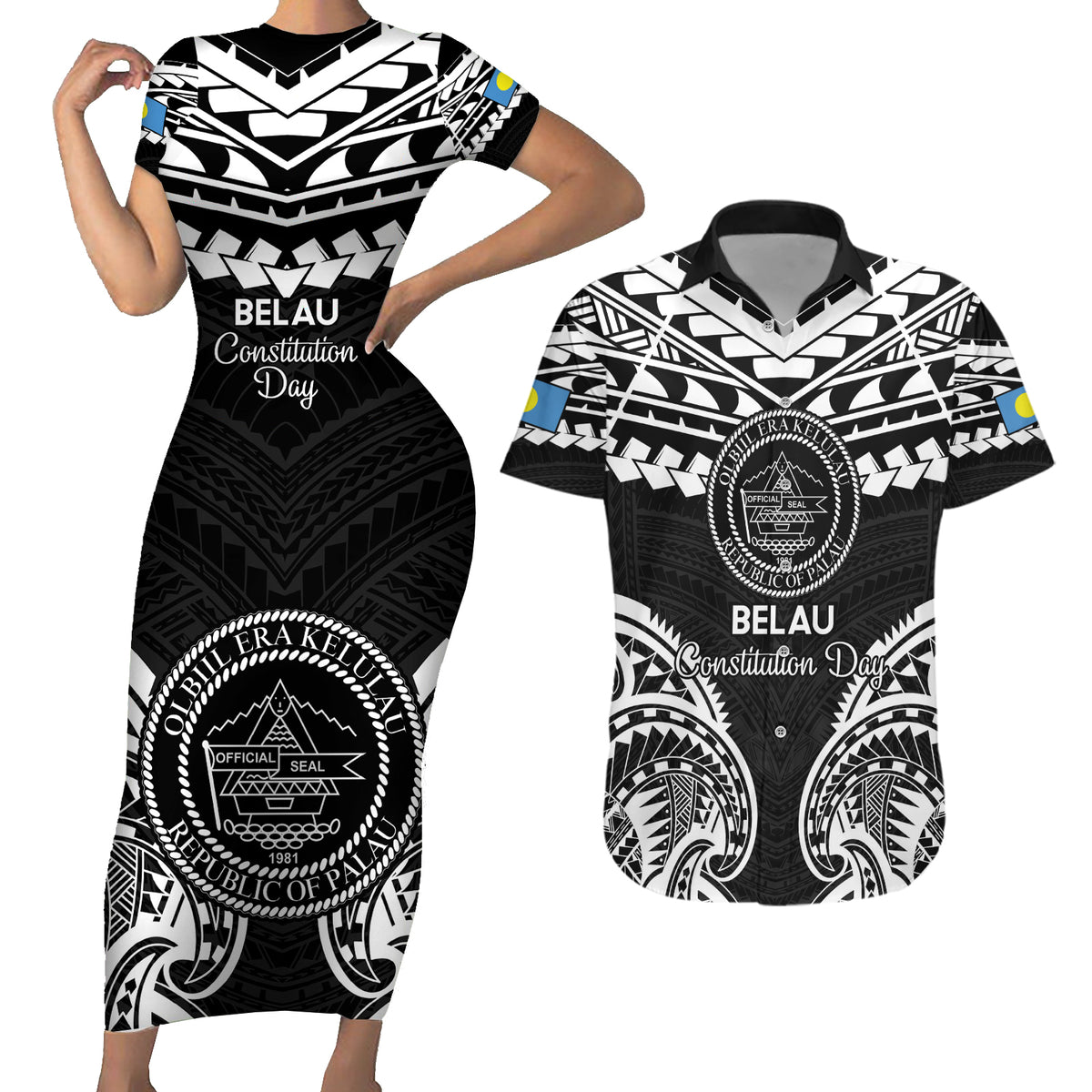 Palau Constitution Day Couples Matching Short Sleeve Bodycon Dress and Hawaiian Shirt Belau Seal With Polynesian Pattern - Black LT14 Black - Polynesian Pride