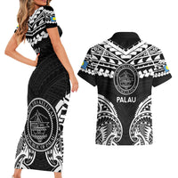 Palau Constitution Day Couples Matching Short Sleeve Bodycon Dress and Hawaiian Shirt Belau Seal With Polynesian Pattern - Black LT14 - Polynesian Pride