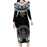 Palau Constitution Day Family Matching Long Sleeve Bodycon Dress and Hawaiian Shirt Belau Seal With Polynesian Pattern - Black LT14 Mom's Dress Black - Polynesian Pride