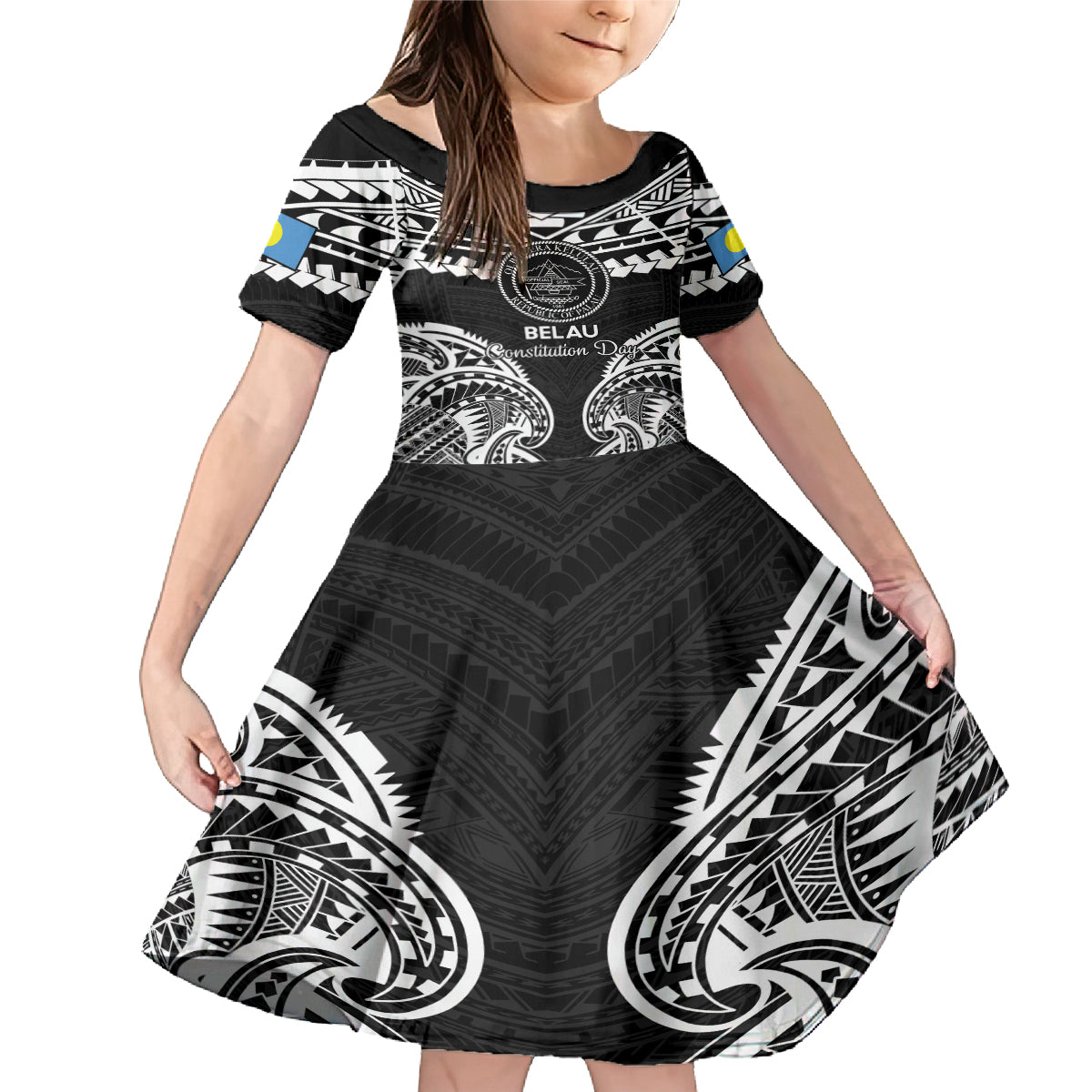 Palau Constitution Day Family Matching Mermaid Dress and Hawaiian Shirt Belau Seal With Polynesian Pattern - Black LT14 Daughter's Dress Black - Polynesian Pride