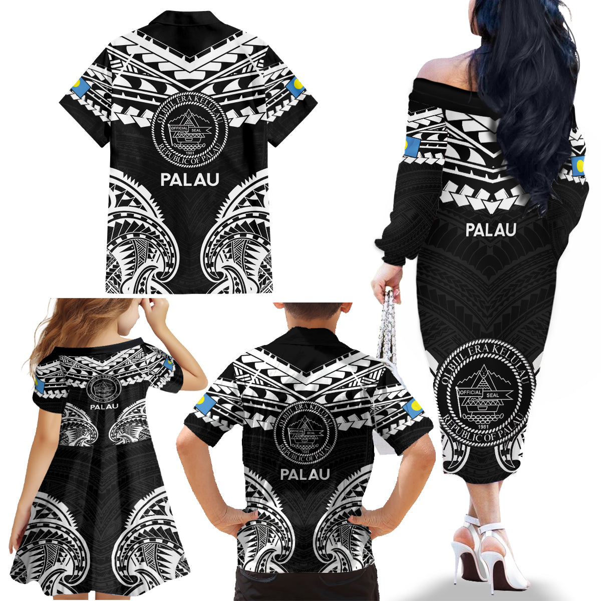 Palau Constitution Day Family Matching Off The Shoulder Long Sleeve Dress and Hawaiian Shirt Belau Seal With Polynesian Pattern - Black LT14 - Polynesian Pride