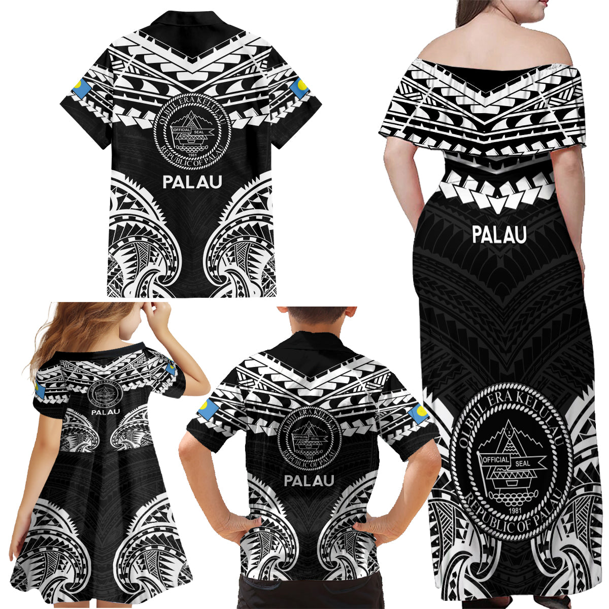 Palau Constitution Day Family Matching Off Shoulder Maxi Dress and Hawaiian Shirt Belau Seal With Polynesian Pattern - Black LT14 - Polynesian Pride