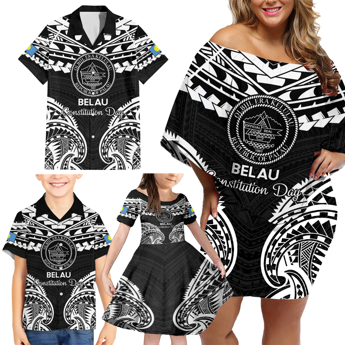 Palau Constitution Day Family Matching Off Shoulder Short Dress and Hawaiian Shirt Belau Seal With Polynesian Pattern - Black LT14 - Polynesian Pride