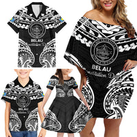 Palau Constitution Day Family Matching Off Shoulder Short Dress and Hawaiian Shirt Belau Seal With Polynesian Pattern - Black LT14 - Polynesian Pride