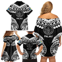 Palau Constitution Day Family Matching Off Shoulder Short Dress and Hawaiian Shirt Belau Seal With Polynesian Pattern - Black LT14 - Polynesian Pride
