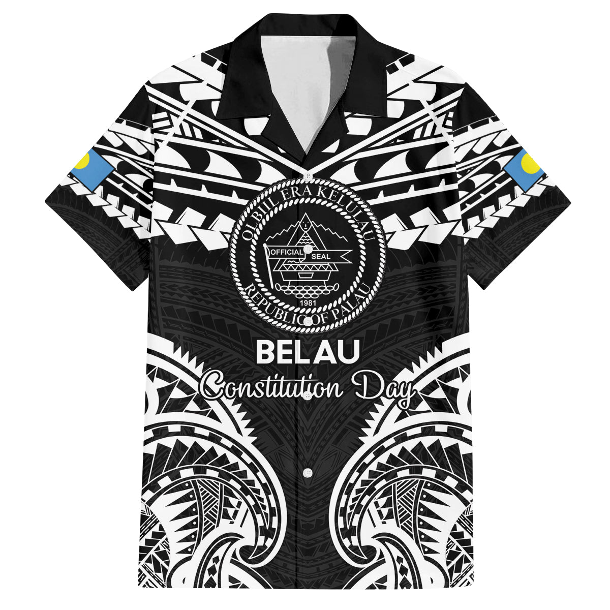 Palau Constitution Day Family Matching Off Shoulder Short Dress and Hawaiian Shirt Belau Seal With Polynesian Pattern - Black LT14 Dad's Shirt - Short Sleeve Black - Polynesian Pride