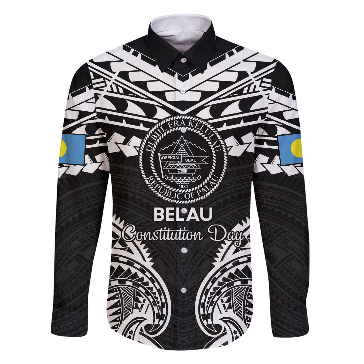 Palau Constitution Day Family Matching Off Shoulder Short Dress and Hawaiian Shirt Belau Seal With Polynesian Pattern - Black LT14 Dad's Shirt - Long Sleeve Black - Polynesian Pride