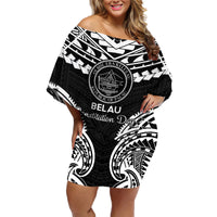 Palau Constitution Day Family Matching Off Shoulder Short Dress and Hawaiian Shirt Belau Seal With Polynesian Pattern - Black LT14 Mom's Dress Black - Polynesian Pride
