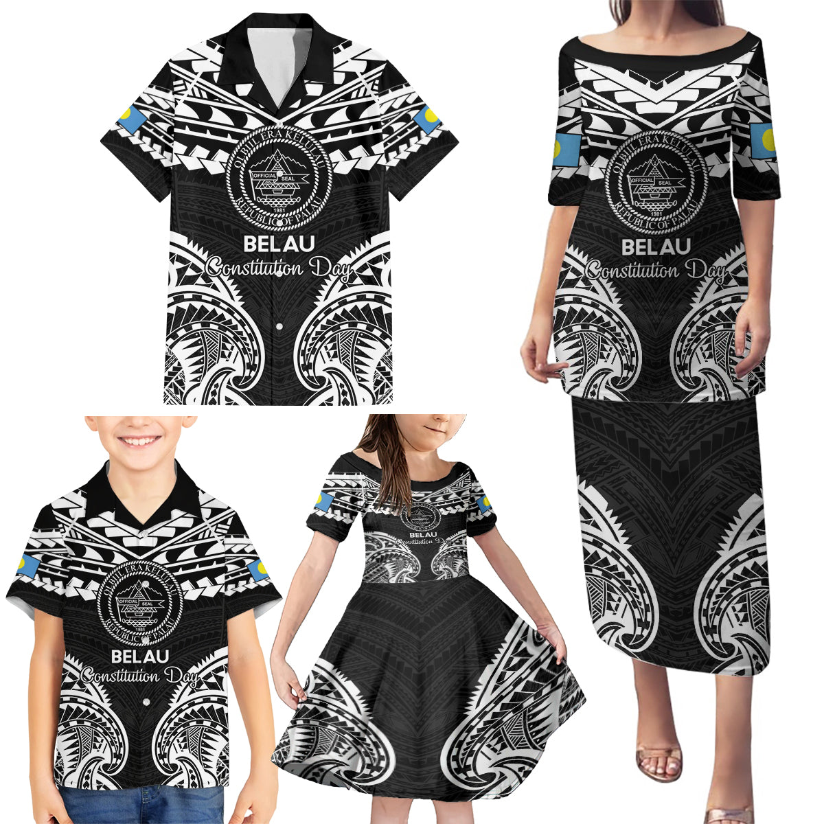 Palau Constitution Day Family Matching Puletasi and Hawaiian Shirt Belau Seal With Polynesian Pattern - Black LT14 - Polynesian Pride