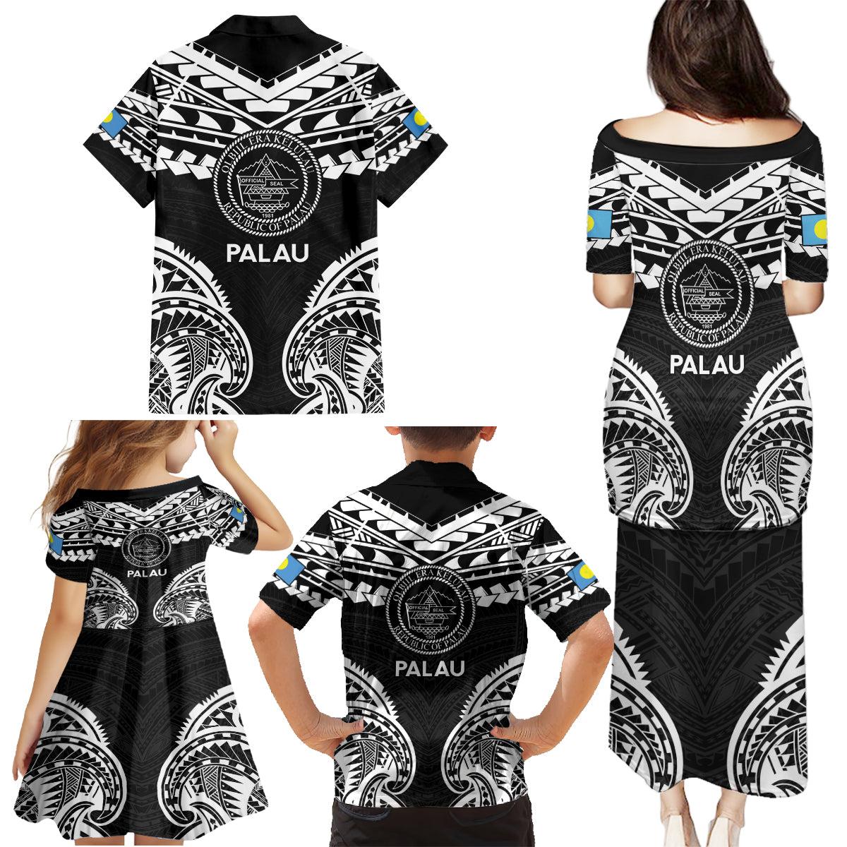 Palau Constitution Day Family Matching Puletasi and Hawaiian Shirt Belau Seal With Polynesian Pattern - Black LT14 - Polynesian Pride