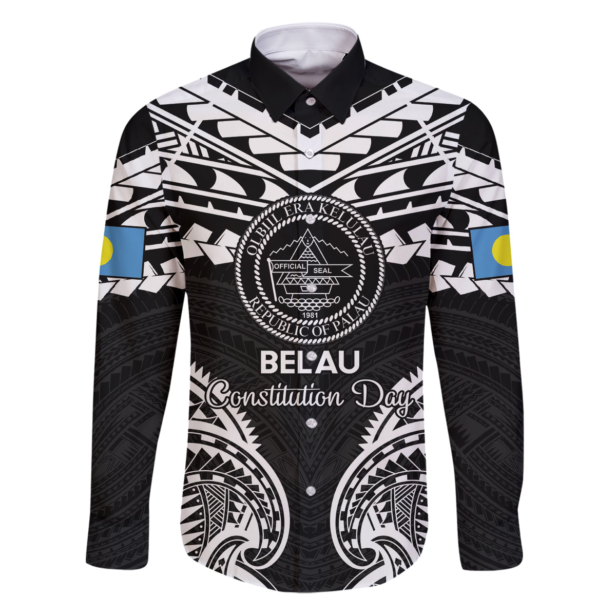 Palau Constitution Day Family Matching Puletasi and Hawaiian Shirt Belau Seal With Polynesian Pattern - Black LT14 Dad's Shirt - Long Sleeve Black - Polynesian Pride