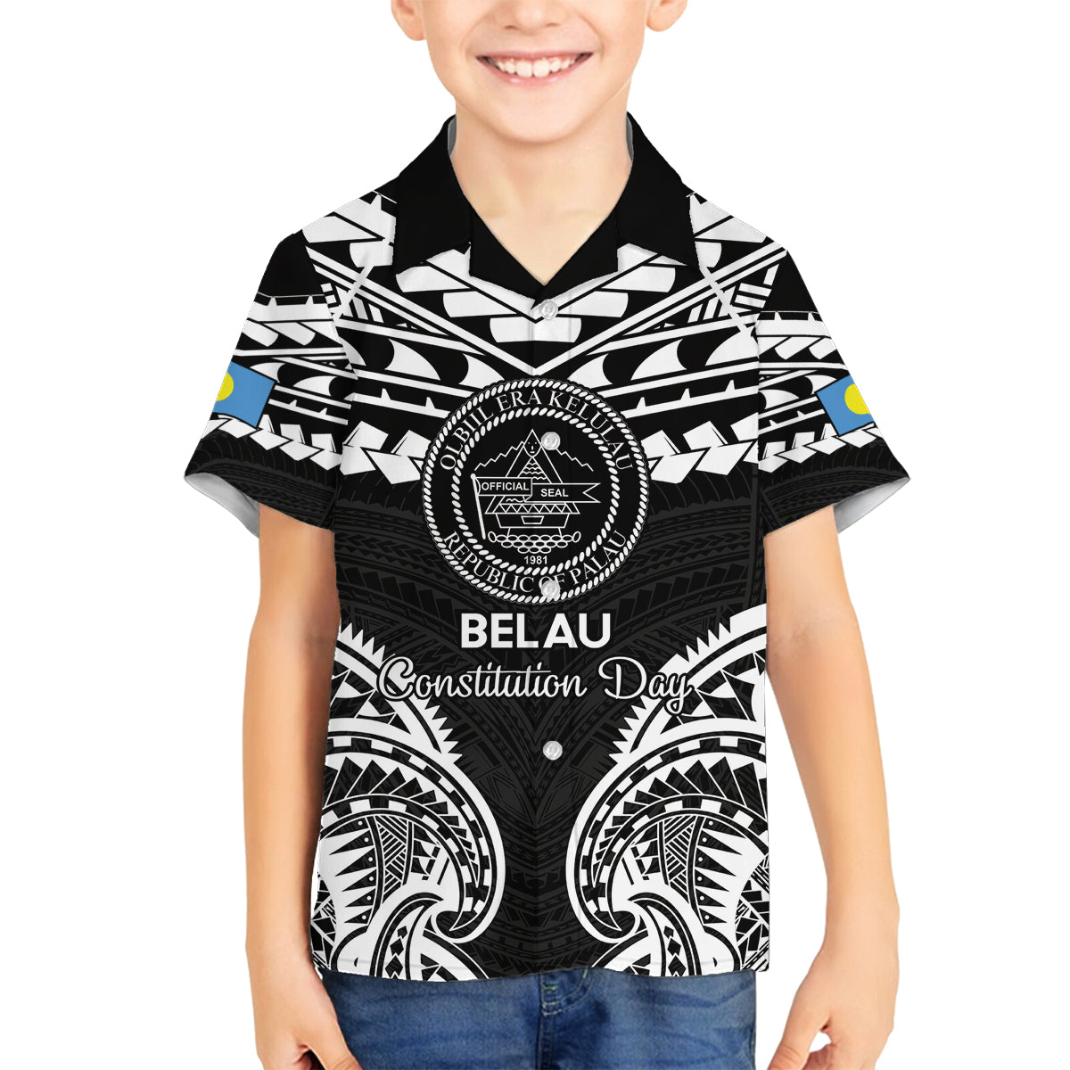 Palau Constitution Day Family Matching Puletasi and Hawaiian Shirt Belau Seal With Polynesian Pattern - Black LT14 Son's Shirt Black - Polynesian Pride
