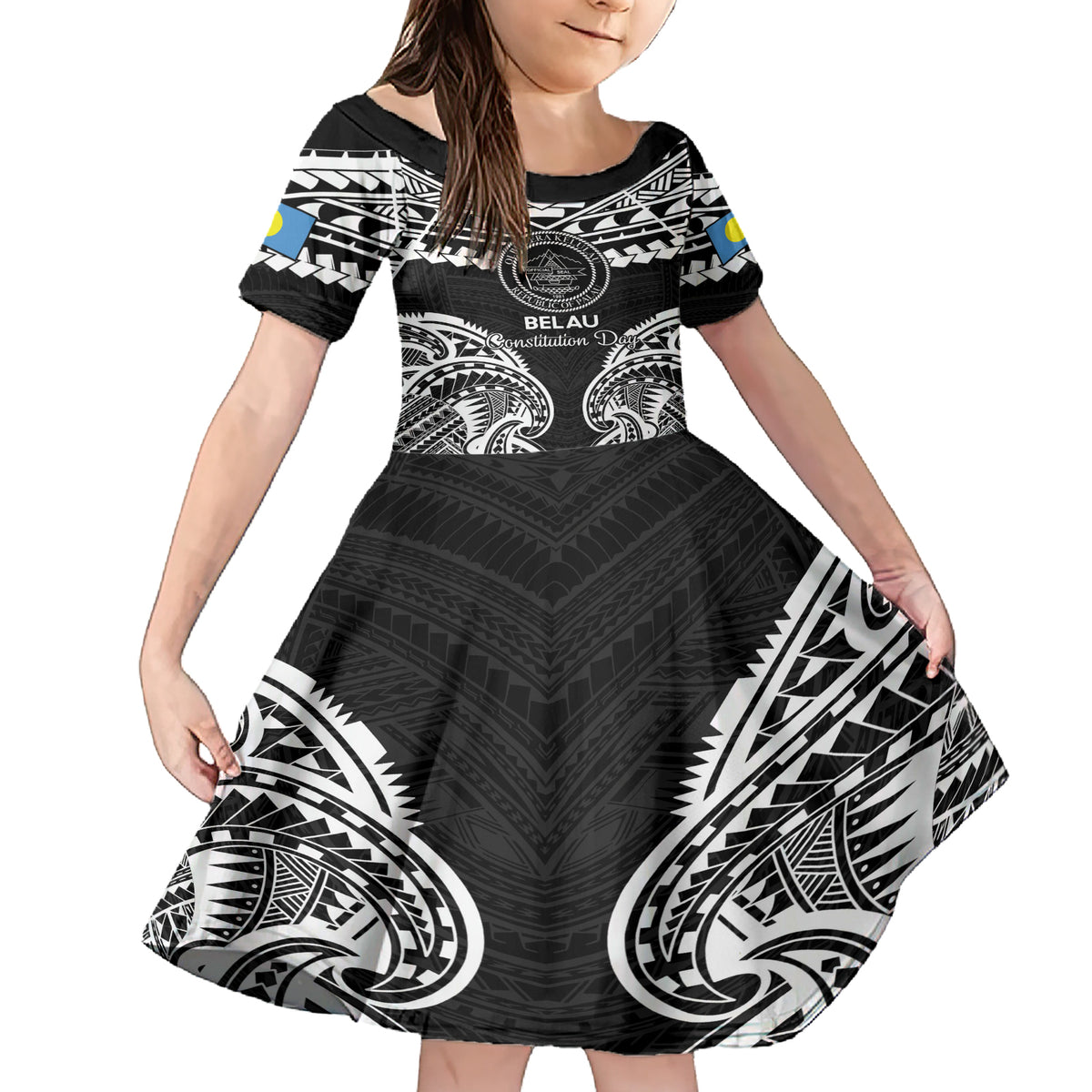 Palau Constitution Day Family Matching Short Sleeve Bodycon Dress and Hawaiian Shirt Belau Seal With Polynesian Pattern - Black LT14 Daughter's Dress Black - Polynesian Pride