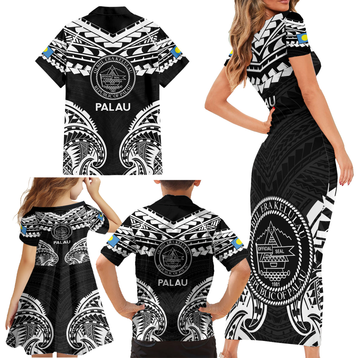 Palau Constitution Day Family Matching Short Sleeve Bodycon Dress and Hawaiian Shirt Belau Seal With Polynesian Pattern - Black LT14 - Polynesian Pride