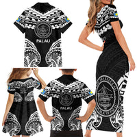 Palau Constitution Day Family Matching Short Sleeve Bodycon Dress and Hawaiian Shirt Belau Seal With Polynesian Pattern - Black LT14 - Polynesian Pride
