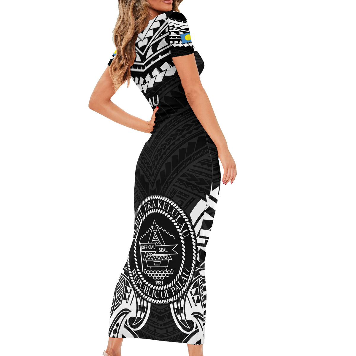 Palau Constitution Day Family Matching Short Sleeve Bodycon Dress and Hawaiian Shirt Belau Seal With Polynesian Pattern - Black LT14 - Polynesian Pride
