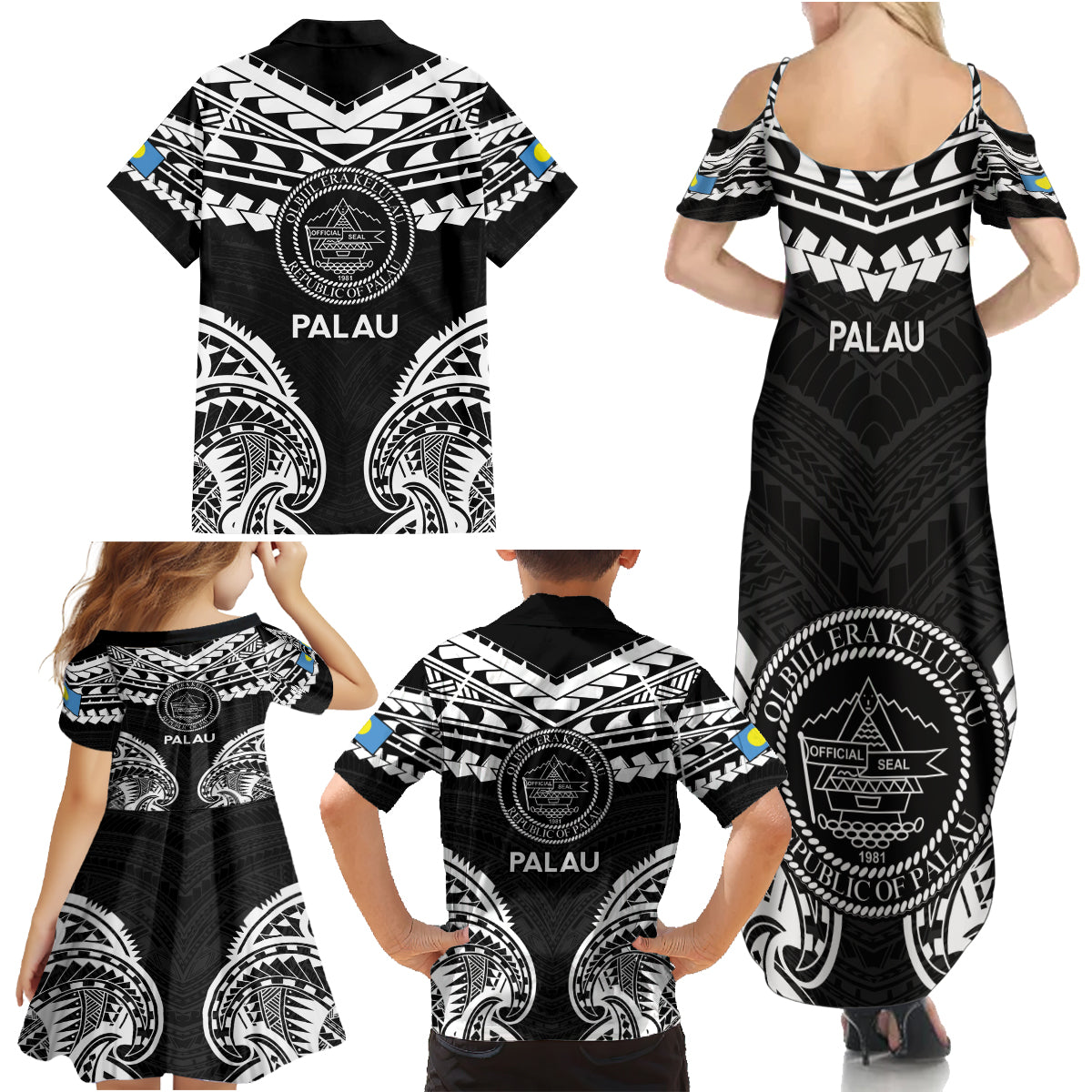 Palau Constitution Day Family Matching Summer Maxi Dress and Hawaiian Shirt Belau Seal With Polynesian Pattern - Black LT14 - Polynesian Pride