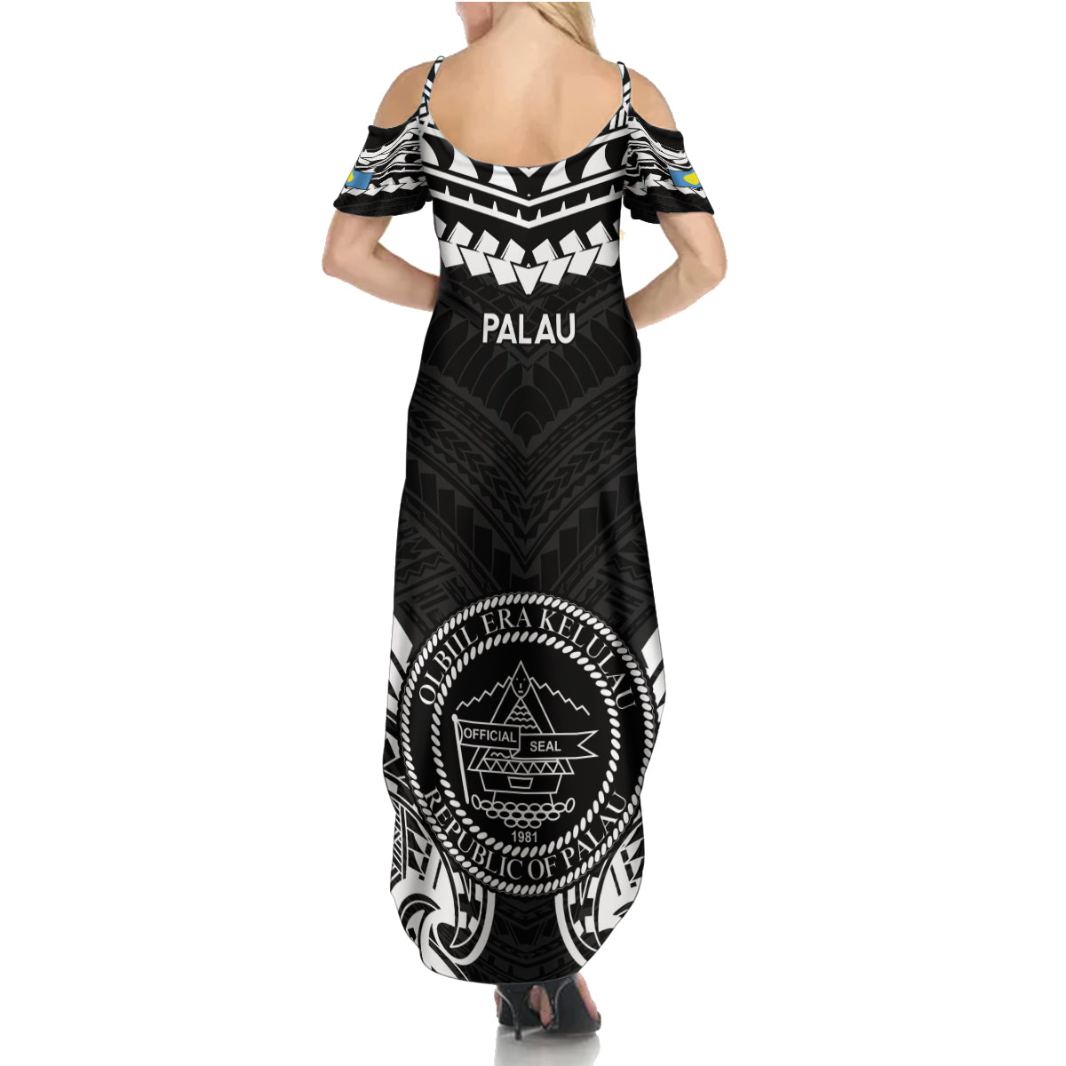 Palau Constitution Day Family Matching Summer Maxi Dress and Hawaiian Shirt Belau Seal With Polynesian Pattern - Black LT14 - Polynesian Pride