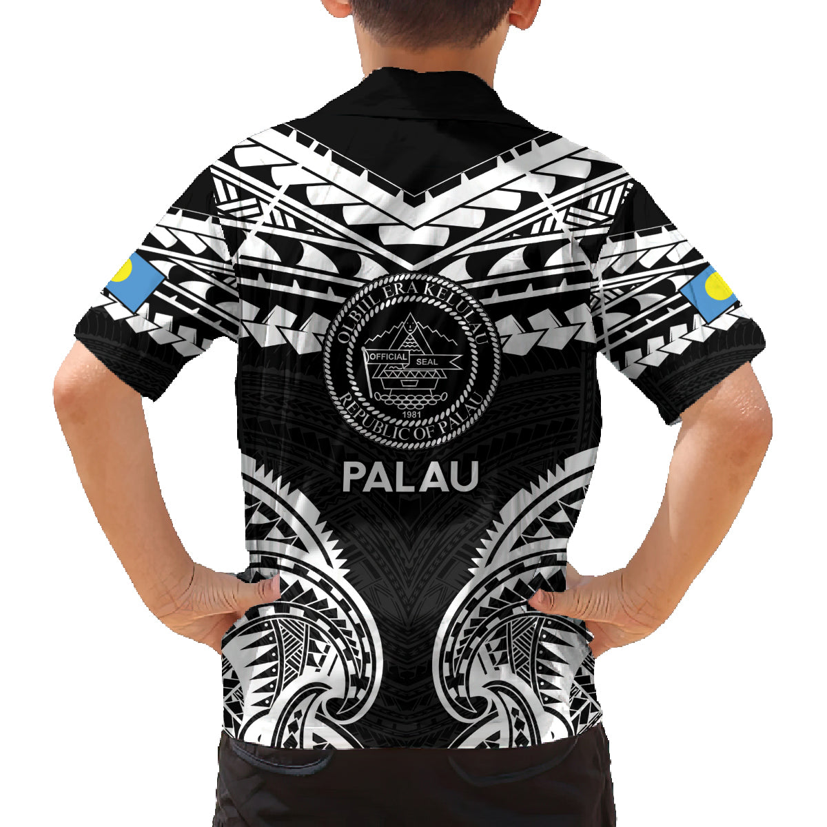 Palau Constitution Day Family Matching Tank Maxi Dress and Hawaiian Shirt Belau Seal With Polynesian Pattern - Black LT14 - Polynesian Pride