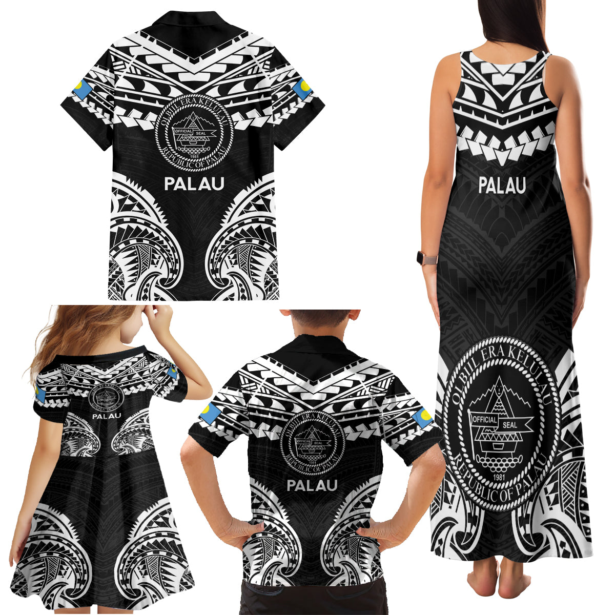 Palau Constitution Day Family Matching Tank Maxi Dress and Hawaiian Shirt Belau Seal With Polynesian Pattern - Black LT14 - Polynesian Pride