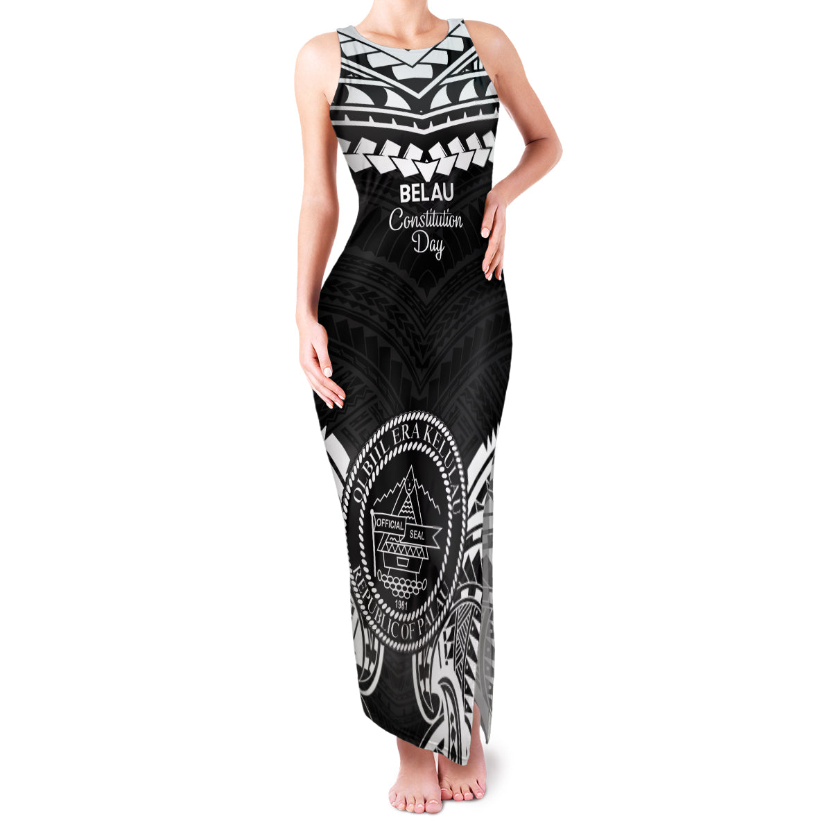 Palau Constitution Day Family Matching Tank Maxi Dress and Hawaiian Shirt Belau Seal With Polynesian Pattern - Black LT14 Mom's Dress Black - Polynesian Pride