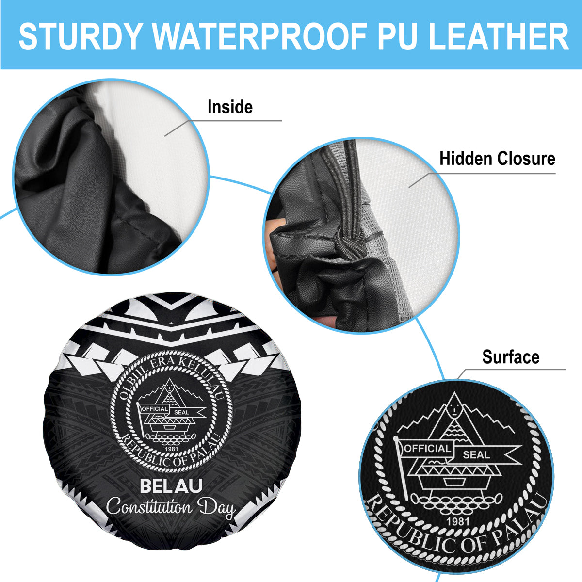Palau Constitution Day Spare Tire Cover Belau Seal With Polynesian Pattern - Black